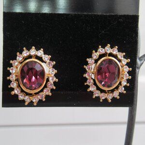 Vintage TRIFARI Signed Rhinestones Pierced Earrings Purple Crystal White 0.50" H
